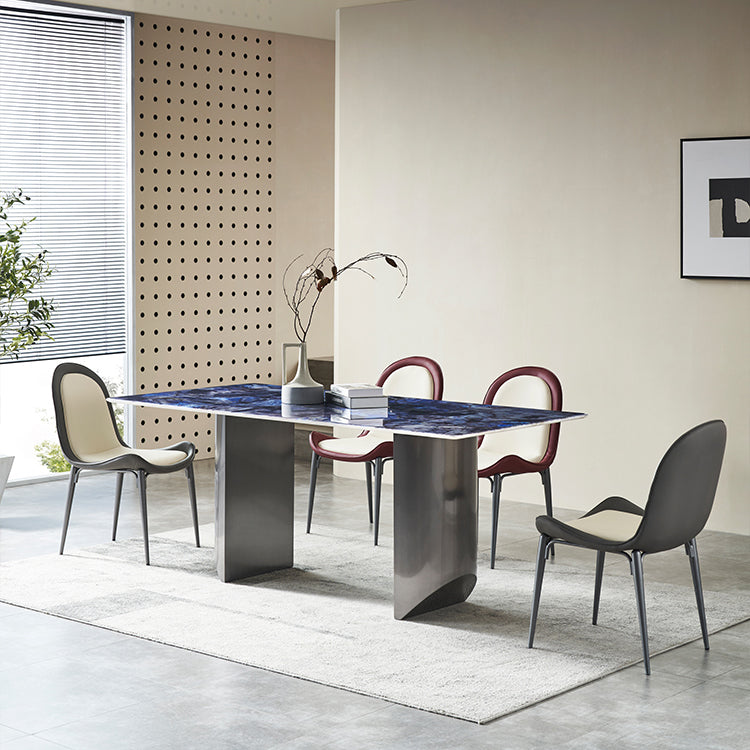 Mesa de comedor fija de piedra rectangular estilo simplicidad con pedestal doble