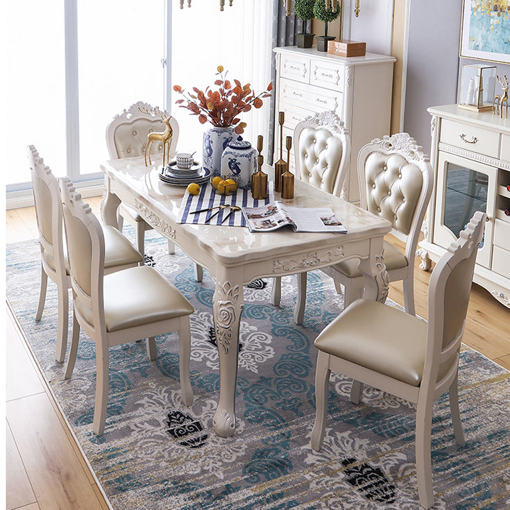 White Color Rectangle Marble Fixed Dinner Table with 4 Legs for Dining Room