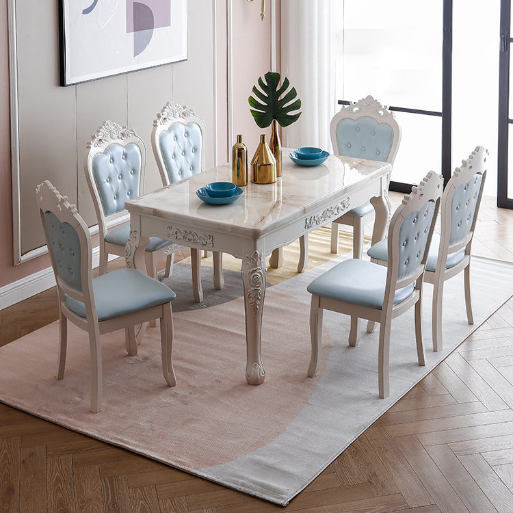 White Color Rectangle Marble Fixed Dinner Table with 4 Legs for Dining Room