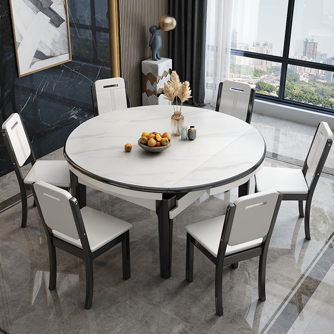 Modern Round Stone Top Dining Table Extendable for Small Spaces with Storage