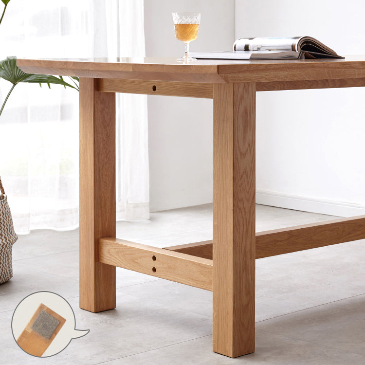 Mesa de comedor rectangular de madera maciza de color natural con base de caballete