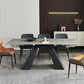 Table de salle à manger rectangulaire, plateau moderne en pierre grise avec base en métal noir