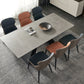 Table de salle à manger rectangulaire, plateau moderne en pierre grise avec base en métal noir