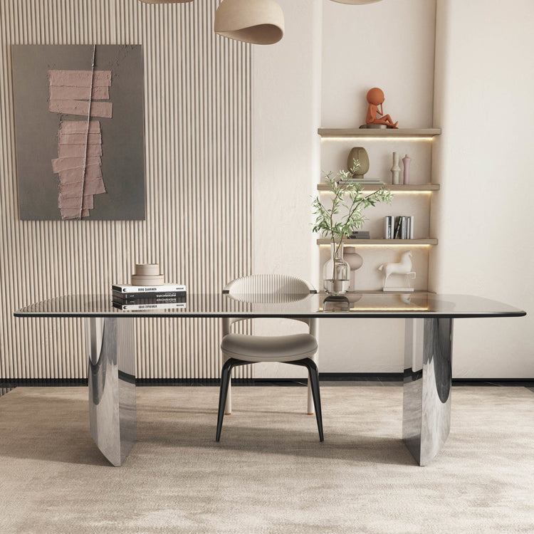 Modern Style Rectangle Glass Dinner Table with Double Pedestal