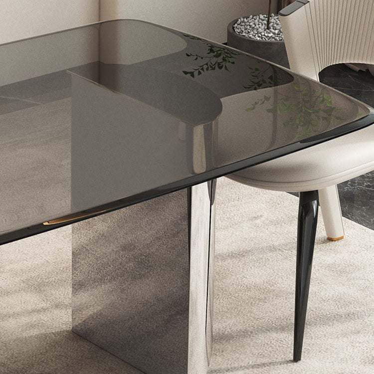 Modern Style Rectangle Glass Dinner Table with Double Pedestal