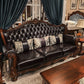 Solid Wood Genuine Leather Brown Rolled Arm Sofa with Tufted Back