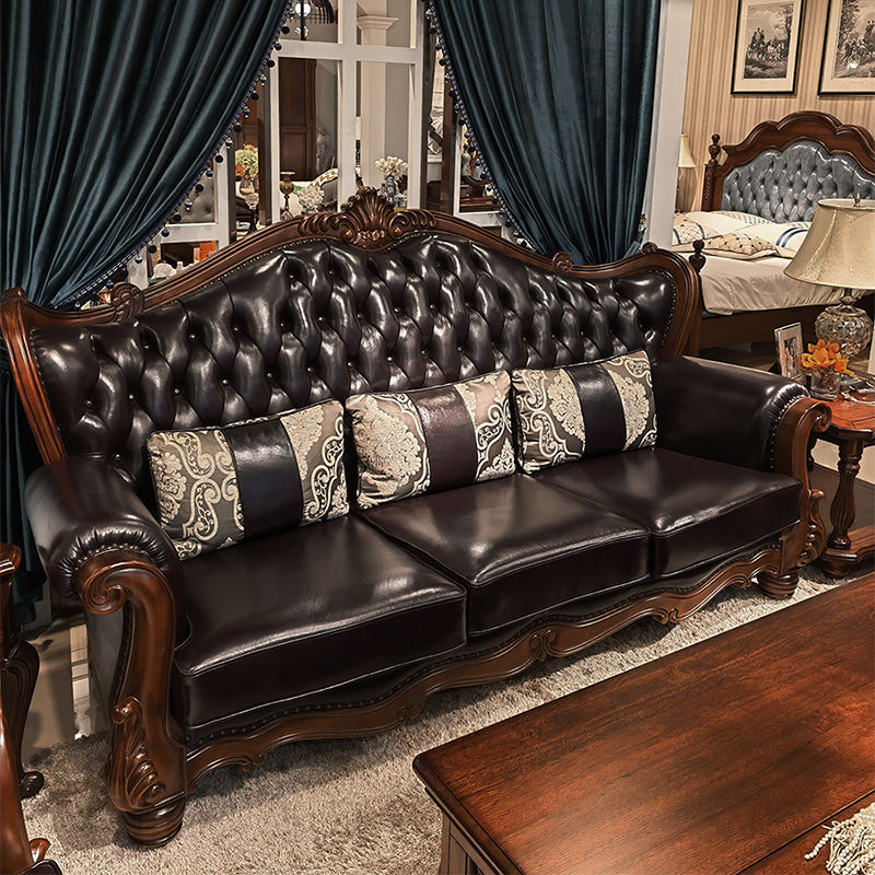 Solid Wood Genuine Leather Brown Rolled Arm Sofa with Tufted Back