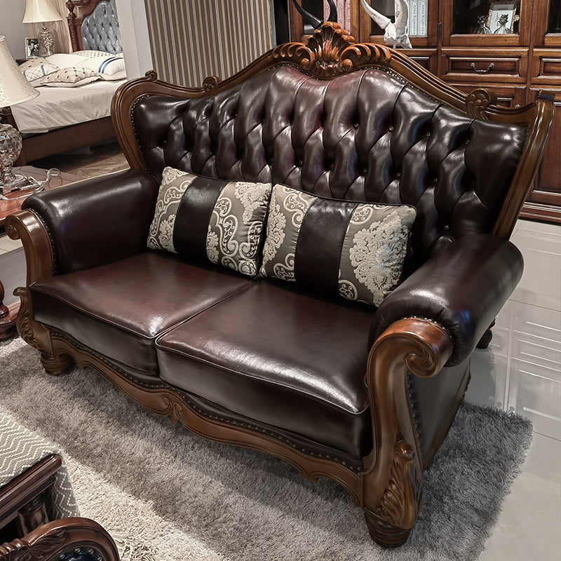 Solid Wood Genuine Leather Brown Rolled Arm Sofa with Tufted Back