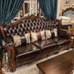 Solid Wood Genuine Leather Brown Rolled Arm Sofa with Tufted Back