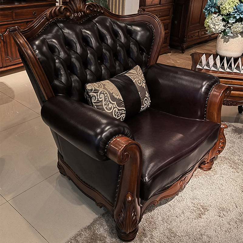 Solid Wood Genuine Leather Brown Rolled Arm Sofa with Tufted Back
