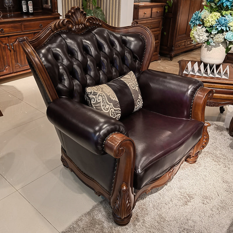 Solid Wood Genuine Leather Brown Rolled Arm Sofa with Tufted Back