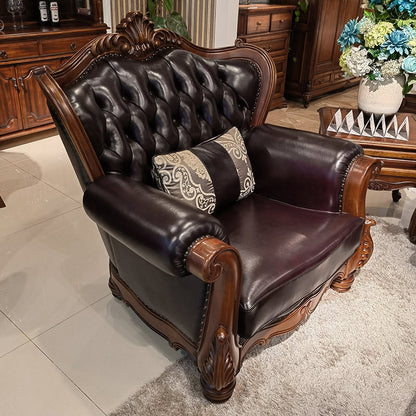 Solid Wood Genuine Leather Brown Rolled Arm Sofa with Tufted Back