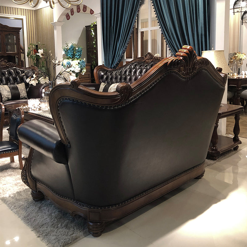 Solid Wood Genuine Leather Brown Rolled Arm Sofa with Tufted Back