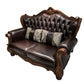 Solid Wood Genuine Leather Brown Rolled Arm Sofa with Tufted Back