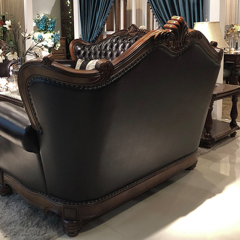 Solid Wood Genuine Leather Brown Rolled Arm Sofa with Tufted Back