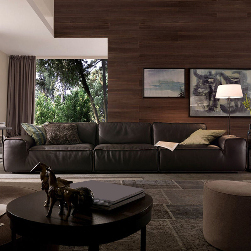 Contemporary Genuine Leather Square Arm Sofa For Living Room