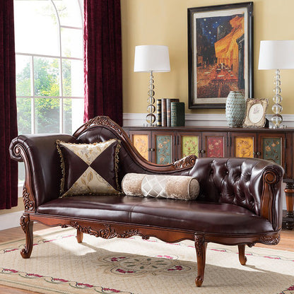 Traditional Brown Genuine Leather Chaise Rolled Arms Tufted Accent Chair