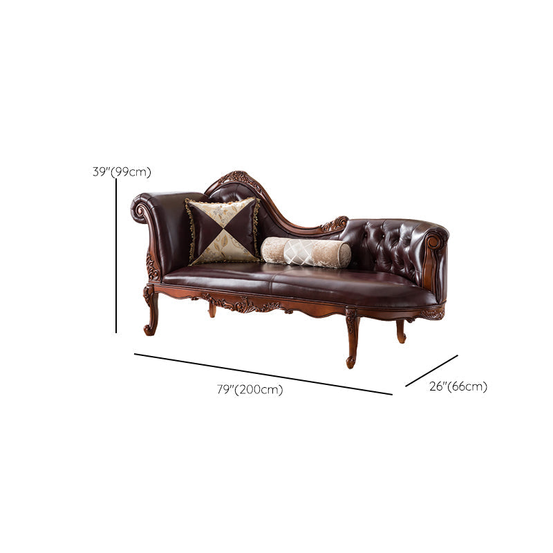 Traditional Brown Genuine Leather Chaise Rolled Arms Tufted Accent Chair