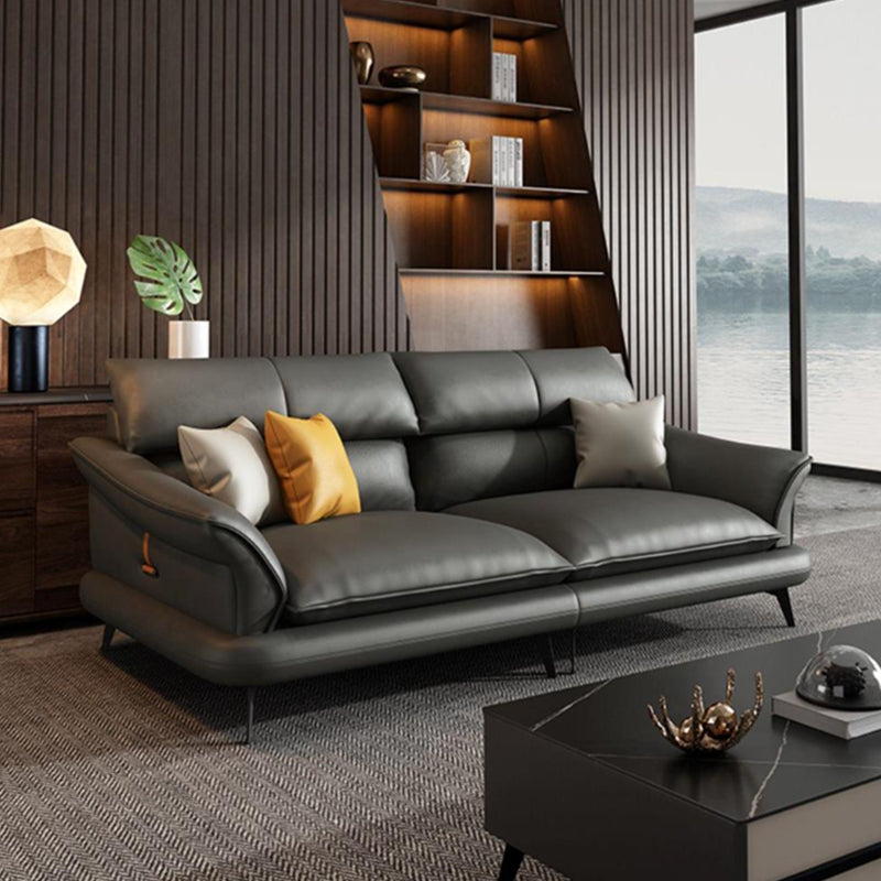 Glam Settee Genuine Leather Black Living Room Flared Arm Cushions Standard Sofa Clearhalo 'furn' 'furn_sofas' 'Furniture' 'Living Room Furniture' 'Sofa' 'sofas' 7663855