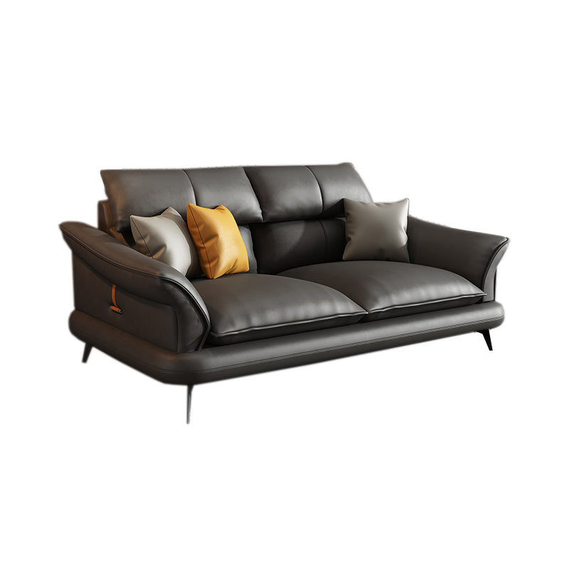 Glam Settee Genuine Leather Black Living Room Flared Arm Cushions Standard Sofa 75"L x 37"W x 33"H Clearhalo 'furn' 'furn_sofas' 'Furniture' 'Living Room Furniture' 'Sofa' 'sofas' 7663865