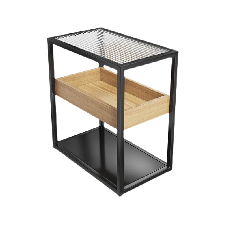 Modern Rectangular Glass Side Table Metal Frame Table with Storage Natural Wood Black 1 Clearhalo 'Coffee & Accent Tables' 'End & Side Tables' 'end_side_tables' 'furn' 'furn_end_side_tables' 'Furniture' 'Living Room Furniture' 7664475