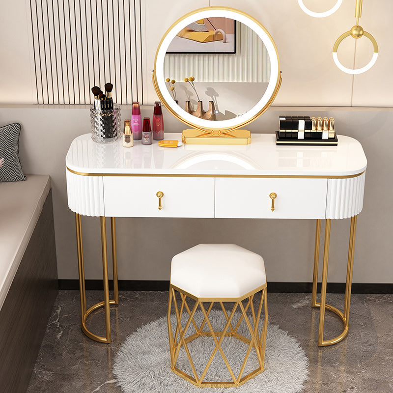 Removable Makeup Counter Lighted Mirror Vanity Dressing Table with Drawer Makeup Vanity & Mirror & Nest Stool 47"L x 16"W x 30"H White-Gold Clearhalo 'Bedroom Furniture' 'furn' 'furn_makeup_vanities' 'Furniture' 'Makeup Vanities' 'makeup_vanities' 7664697