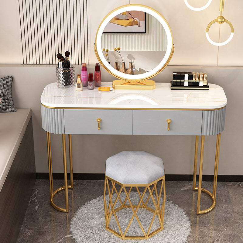 Removable Makeup Counter Lighted Mirror Vanity Dressing Table with Drawer Makeup Vanity & Mirror & Nest Stool 47"L x 16"W x 30"H Gold-White-Gray Clearhalo 'Bedroom Furniture' 'furn' 'furn_makeup_vanities' 'Furniture' 'Makeup Vanities' 'makeup_vanities' 7664700