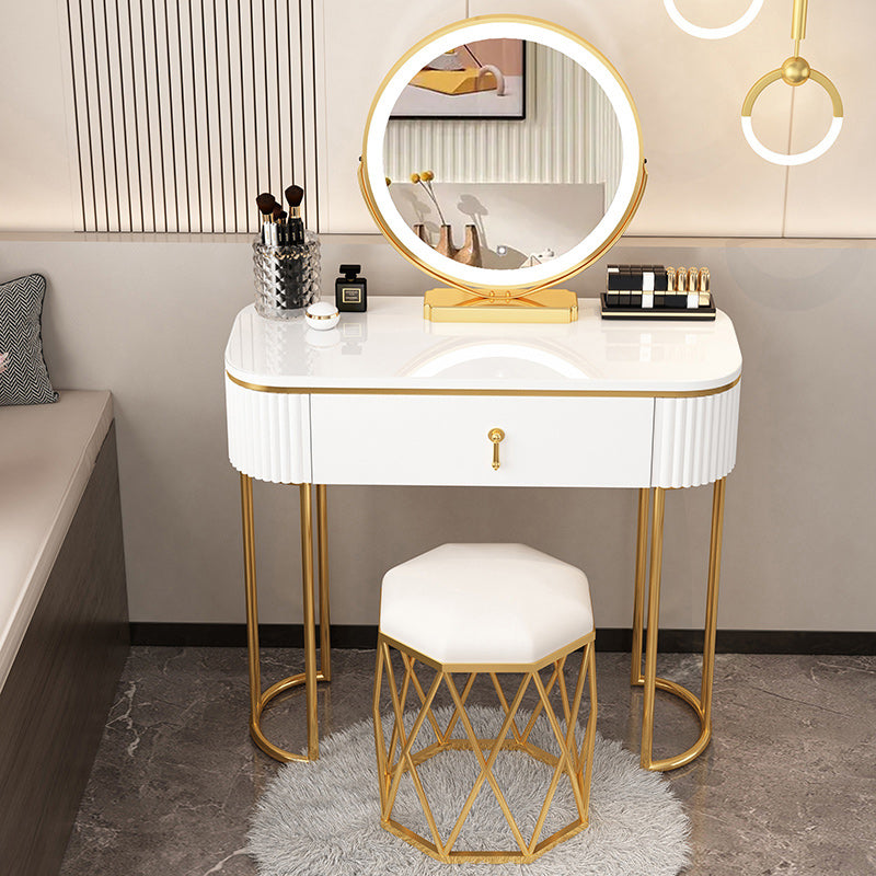 Removable Makeup Counter Lighted Mirror Vanity Dressing Table with Drawer Makeup Vanity & Mirror & Nest Stool 31"L x 16"W x 30"H White-Gold Clearhalo 'Bedroom Furniture' 'furn' 'furn_makeup_vanities' 'Furniture' 'Makeup Vanities' 'makeup_vanities' 7664702