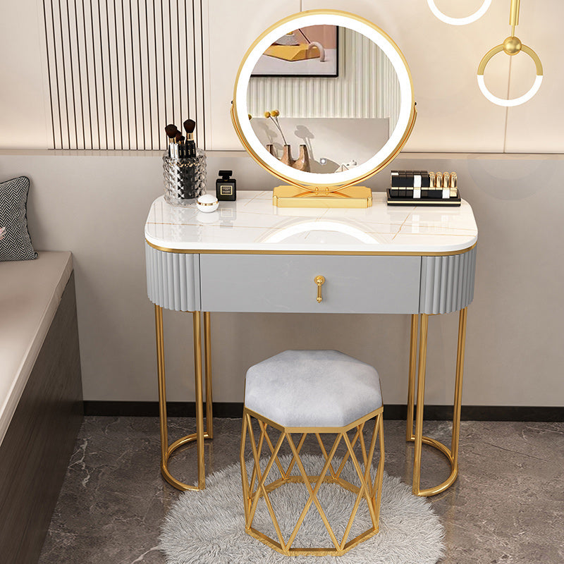 Removable Makeup Counter Lighted Mirror Vanity Dressing Table with Drawer Makeup Vanity & Mirror & Nest Stool 31"L x 16"W x 30"H Gold-White-Gray Clearhalo 'Bedroom Furniture' 'furn' 'furn_makeup_vanities' 'Furniture' 'Makeup Vanities' 'makeup_vanities' 7664706