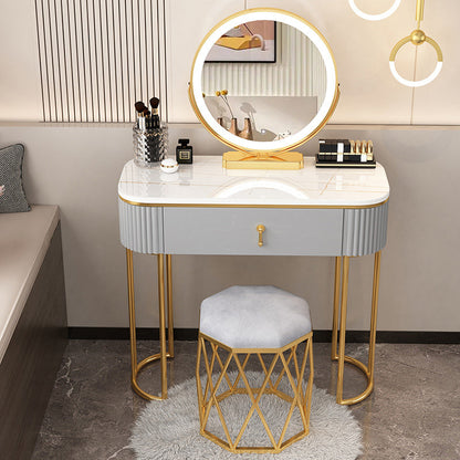 Removable Makeup Counter Lighted Mirror Vanity Dressing Table with Drawer Makeup Vanity & Mirror & Nest Stool 31"L x 16"W x 30"H Gold-White-Gray Clearhalo 'Bedroom Furniture' 'furn' 'furn_makeup_vanities' 'Furniture' 'Makeup Vanities' 'makeup_vanities' 7664706