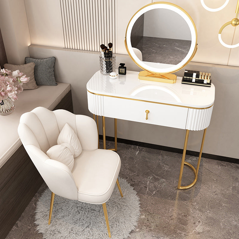 Removable Makeup Counter Lighted Mirror Vanity Dressing Table with Drawer Makeup Vanity & Mirror & Petal Chair 31"L x 16"W x 30"H White-Gold Clearhalo 'Bedroom Furniture' 'furn' 'furn_makeup_vanities' 'Furniture' 'Makeup Vanities' 'makeup_vanities' 7664719