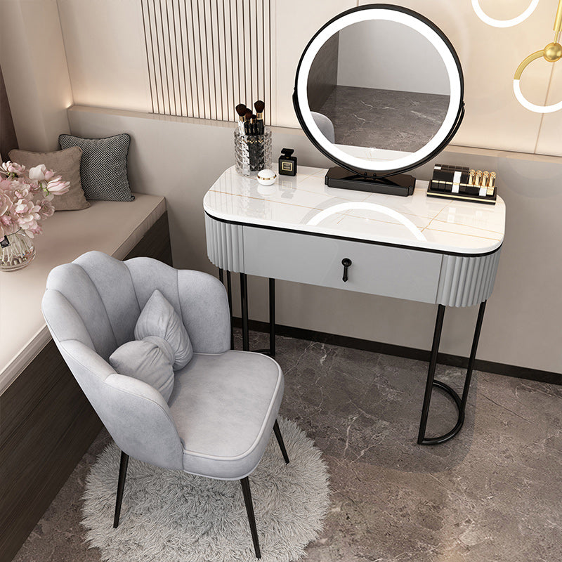 Removable Makeup Counter Lighted Mirror Vanity Dressing Table with Drawer Makeup Vanity & Mirror & Petal Chair 31"L x 16"W x 30"H White & Gray & Black Clearhalo 'Bedroom Furniture' 'furn' 'furn_makeup_vanities' 'Furniture' 'Makeup Vanities' 'makeup_vanities' 7664722