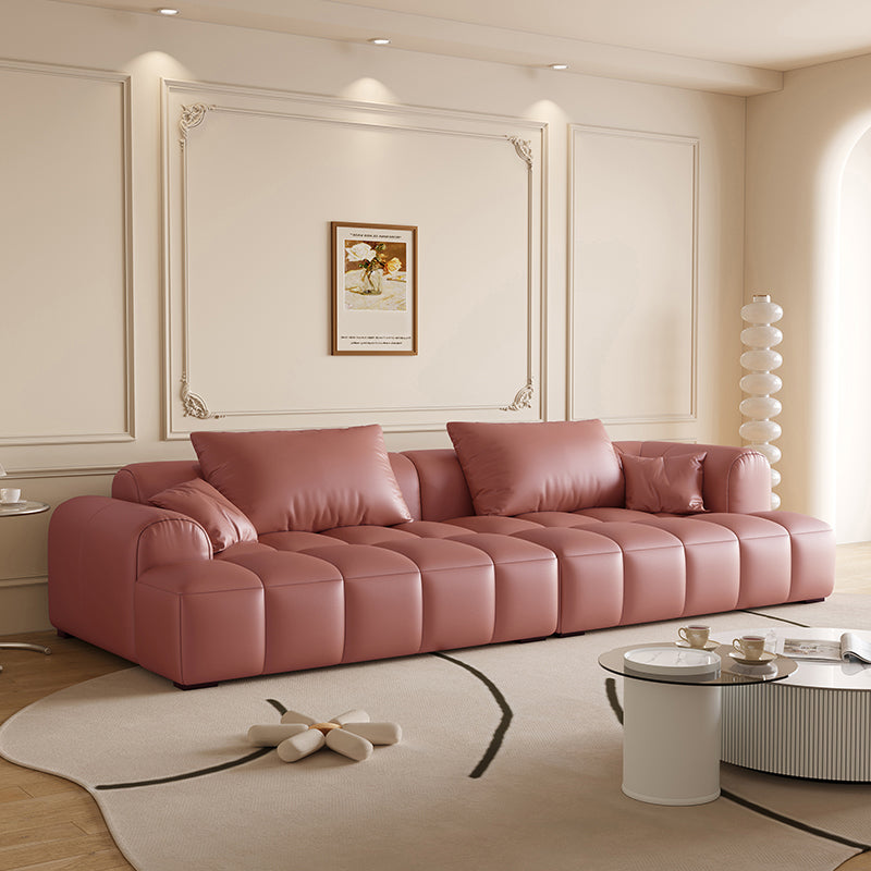 Scandinavian Faux Leather Pillow Back Recessed Arm Sofa For Living Room Pink Faux Leather Clearhalo 'furn' 'furn_sofas' 'Furniture' 'Living Room Furniture' 'Sofa' 'sofas' 7671610