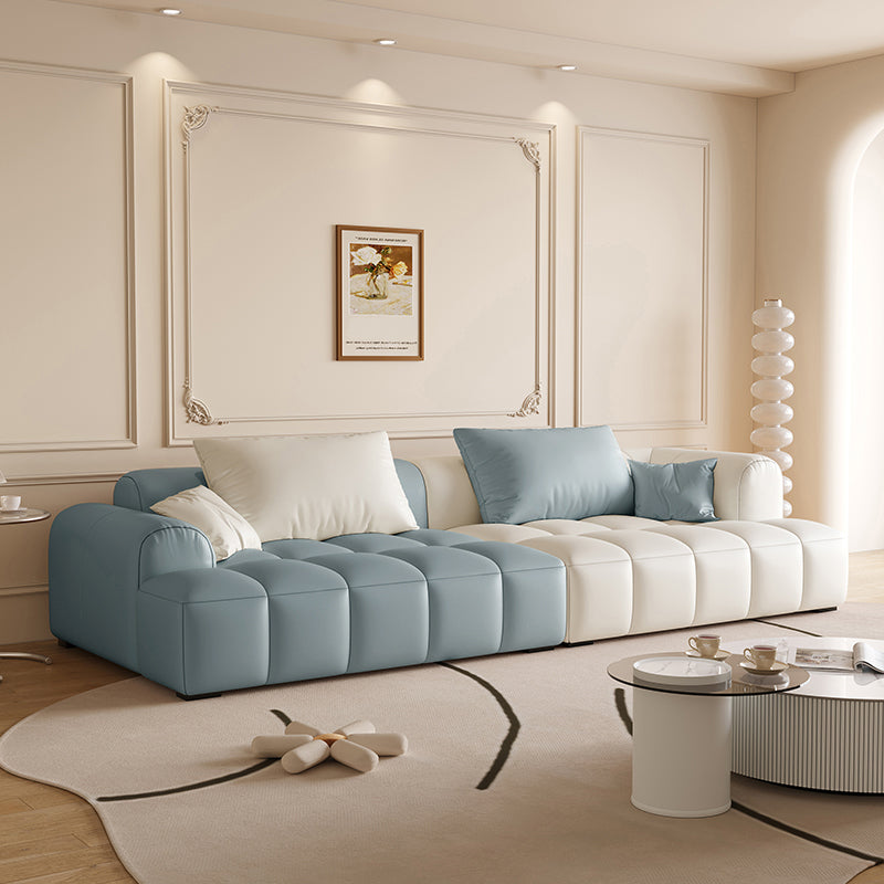 Scandinavian Faux Leather Pillow Back Recessed Arm Sofa For Living Room Blue-White Faux Leather Clearhalo 'furn' 'furn_sofas' 'Furniture' 'Living Room Furniture' 'Sofa' 'sofas' 7671613