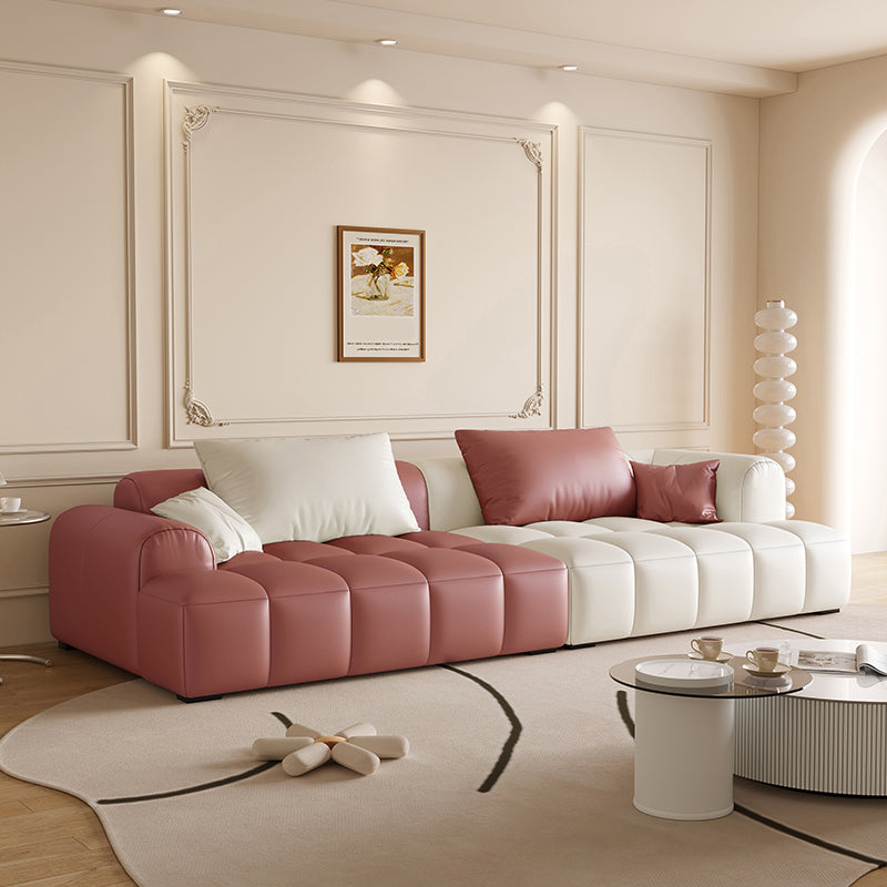 Scandinavian Faux Leather Pillow Back Recessed Arm Sofa For Living Room Pink-White Faux Leather Clearhalo 'furn' 'furn_sofas' 'Furniture' 'Living Room Furniture' 'Sofa' 'sofas' 7671617
