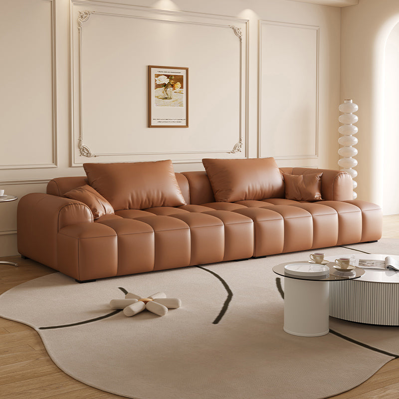 Scandinavian Faux Leather Pillow Back Recessed Arm Sofa For Living Room Orange Faux Leather Clearhalo 'furn' 'furn_sofas' 'Furniture' 'Living Room Furniture' 'Sofa' 'sofas' 7671619
