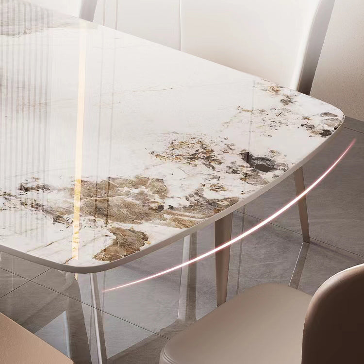 Luxury Rectangular White Stone Top Dining Table with Gold Metal X-Base