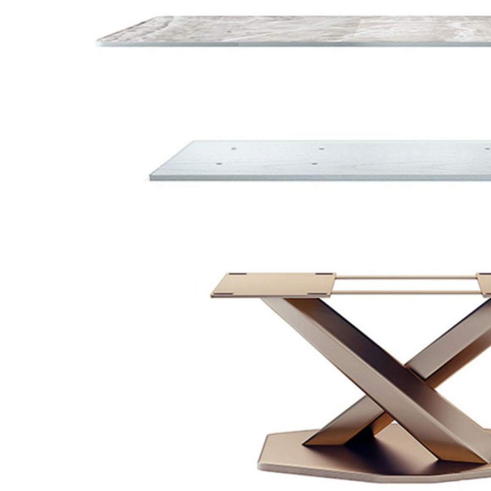 Luxury Rectangular White Stone Top Dining Table with Gold Metal X-Base