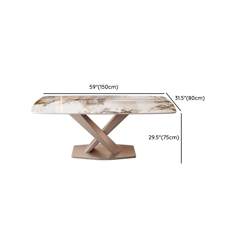 Luxury Rectangular White Stone Top Dining Table with Gold Metal X-Base