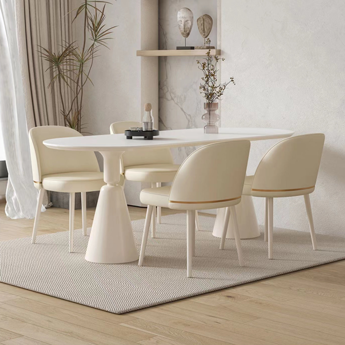 Contemporary Oval Stone Top Dining Table with White Steel Double Pedestal Base