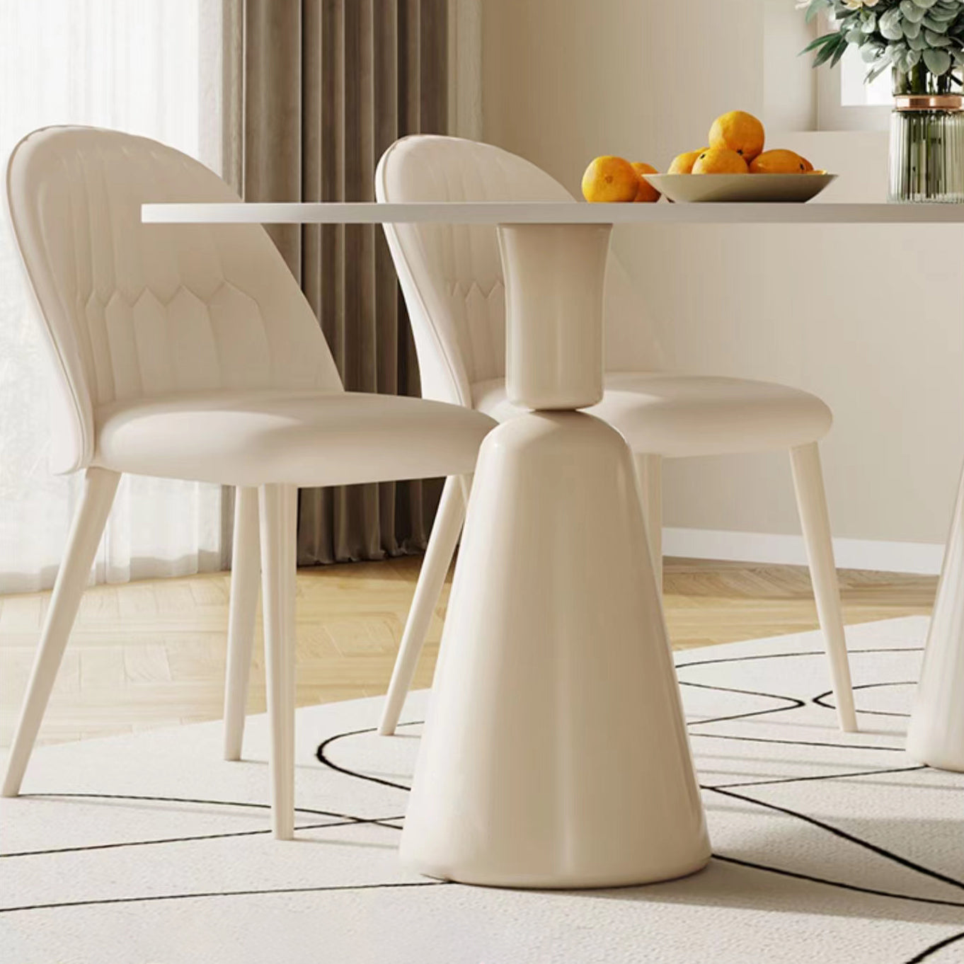 Contemporary Oval Stone Top Dining Table with White Steel Double Pedestal Base