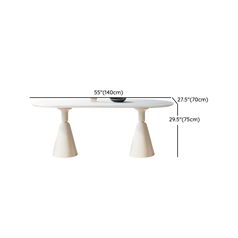 Contemporary Oval Stone Top Dining Table with White Steel Double Pedestal Base