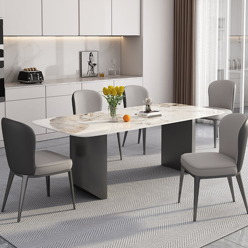 White Stone Top Dining Table Rectangular Tabletop with Metal Double Pedestal Base Clearhalo 'Dining Tables & Seating' 'Dining Tables' 'dining_table' 'furn' 'furn_dining_table' 'Furniture' 'Kitchen & Dining Furniture' 7672597