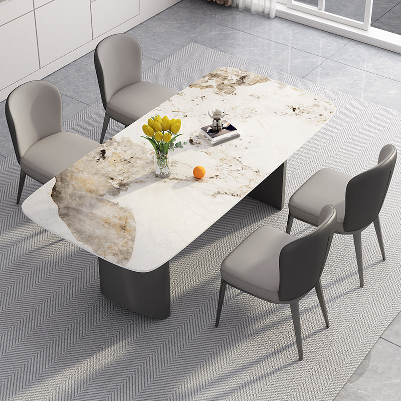 White Stone Top Dining Table Rectangular Tabletop with Metal Double Pedestal Base Clearhalo 'Dining Tables & Seating' 'Dining Tables' 'dining_table' 'furn' 'furn_dining_table' 'Furniture' 'Kitchen & Dining Furniture' 7672598