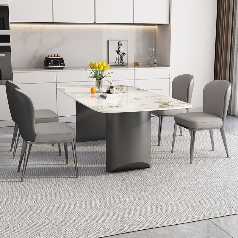 White Stone Top Dining Table Rectangular Tabletop with Metal Double Pedestal Base Clearhalo 'Dining Tables & Seating' 'Dining Tables' 'dining_table' 'furn' 'furn_dining_table' 'Furniture' 'Kitchen & Dining Furniture' 7672599