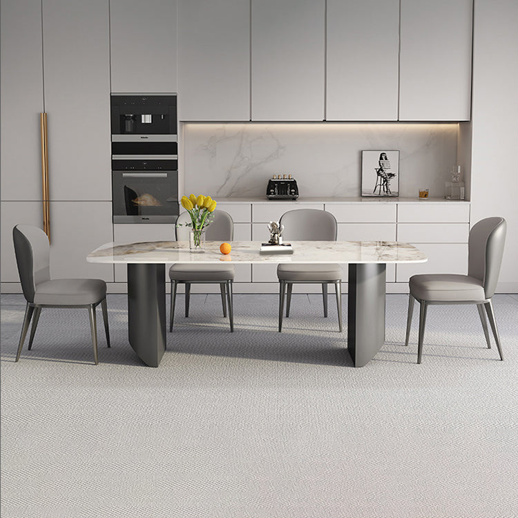 White Stone Top Dining Table Rectangular Tabletop with Metal Double Pedestal Base Clearhalo 'Dining Tables & Seating' 'Dining Tables' 'dining_table' 'furn' 'furn_dining_table' 'Furniture' 'Kitchen & Dining Furniture' 7672600