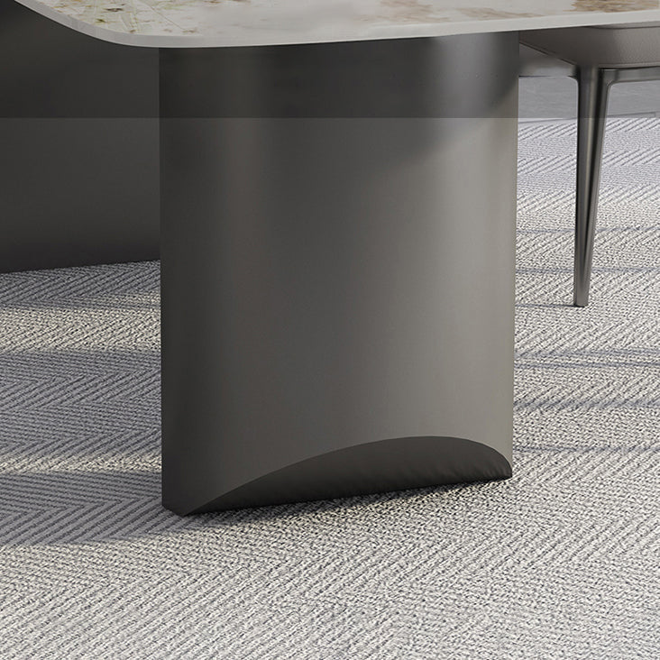 White Stone Top Dining Table Rectangular Tabletop with Metal Double Pedestal Base Clearhalo 'Dining Tables & Seating' 'Dining Tables' 'dining_table' 'furn' 'furn_dining_table' 'Furniture' 'Kitchen & Dining Furniture' 7672605