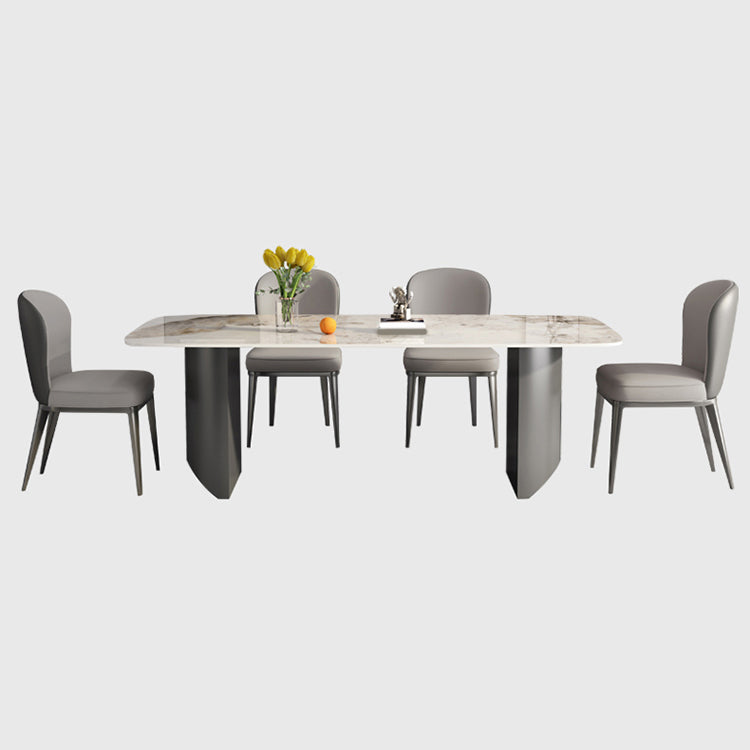 White Stone Top Dining Table Rectangular Tabletop with Metal Double Pedestal Base Clearhalo 'Dining Tables & Seating' 'Dining Tables' 'dining_table' 'furn' 'furn_dining_table' 'Furniture' 'Kitchen & Dining Furniture' 7672606