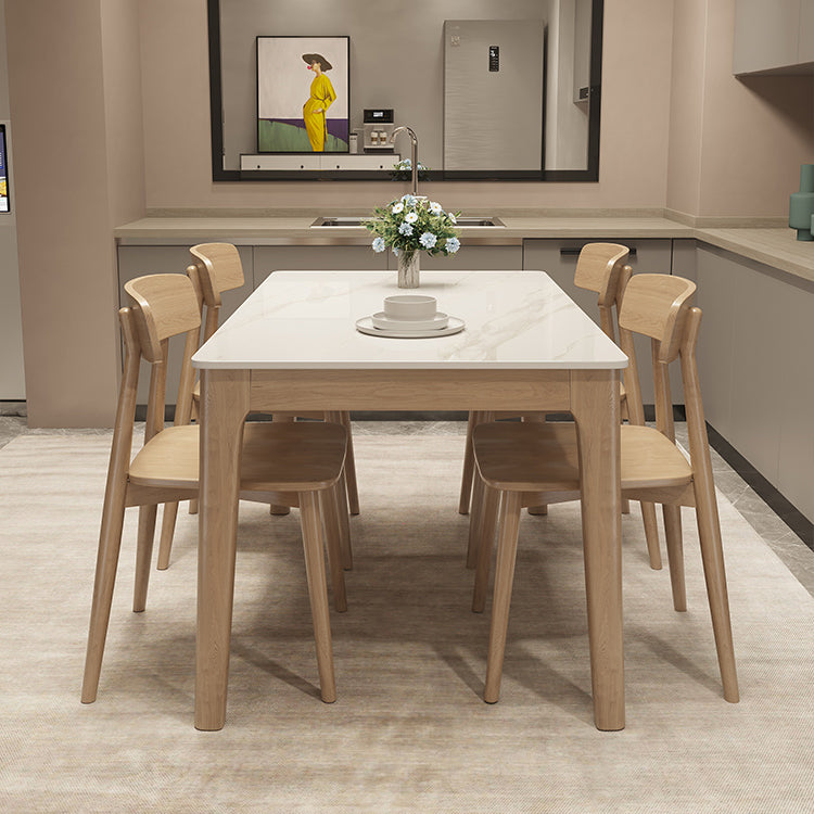 Mesa de comedor moderna con tapa de piedra blanca, mesa rectangular con patas de madera