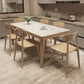 Mesa de comedor moderna con tapa de piedra blanca, mesa rectangular con patas de madera